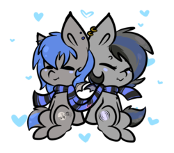 Size: 1000x879 | Tagged: safe, artist:ashee, oc, oc only, oc:moonslurps, oc:nightglider, bat pony, blushing, brother and sister, clothes, cute, ear piercing, earring, eyes closed, female, heart, jewelry, male, piercing, scarf, shared clothing, shared scarf, simple background, transparent background