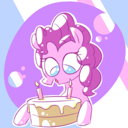 Size: 800x800 | Tagged: safe, artist:rawrienstein, pinkie pie, earth pony, pony, g4, birthday, birthday cake, cake, candle, eyes on the prize, female, food, mare, open mouth, smiling, solo