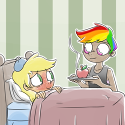 Size: 1300x1300 | Tagged: safe, artist:rawrienstein, applejack, rainbow dash, human, g4, alternate hairstyle, apple, bed, blushing, duo, female, food, humanized, in bed, lesbian, looking at each other, plate, ship:appledash, shipping, sick, smiling