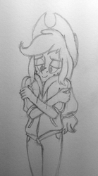 Size: 2097x3783 | Tagged: safe, artist:rawrienstein, applejack, equestria girls, g4, clothes, grayscale, high res, hoodie, monochrome, traditional art