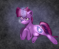 Size: 1800x1500 | Tagged: safe, artist:sodadoodle, derpibooru exclusive, oc, oc only, oc:star twist, butterfly, pony, unicorn, ethereal mane, glowing, glowing cutie mark, glowing horn, horn, lonely, looking at something, magical lesbian spawn, next generation, offspring, parent:tempest shadow, parent:twilight sparkle, parents:tempestlight, simple background, sodaverse, solo, song reference, starry mane