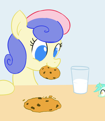 Size: 1400x1618 | Tagged: safe, artist:tiny-little-lyra, bon bon, lyra heartstrings, sweetie drops, earth pony, pony, unicorn, g4, adorabon, cookie, cute, duo, female, food, glass, looking at something, mare, micro, milk, mouth hold, smiling, table