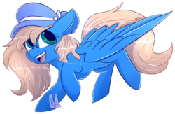 Size: 1600x1042 | Tagged: safe, artist:paintcoloryt, oc, oc only, pegasus, pony, blonde hair, blue coat, commission, green eyes, hat, simple background, smiling, solo, spread wings, transparent background, wings