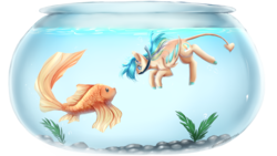Size: 1920x1080 | Tagged: safe, artist:xkittyblue, oc, oc only, goldfish, pony, blue mane, fish bowl, simple background, snorkel, solo, tan coat, transparent background, ych result