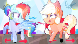 Size: 1920x1080 | Tagged: safe, artist:lynchristina, applejack, rainbow dash, earth pony, pegasus, pony, g4, applejack's hat, cowboy hat, dance dance revolution, duo, female, hat, mare, rhythm game, tongue out