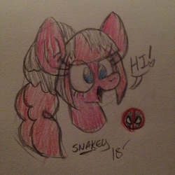 Size: 2448x2448 | Tagged: safe, artist:snakeythingy, pinkie pie, g4, deadpool, deadpool 2, high res, marvel, sketch, spoilers for another series, traditional art, x-men, yukio