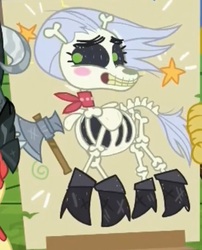 Size: 429x531 | Tagged: safe, screencap, big macintosh, skellinore, skeleton pony, g4, the break up breakdown, armor, axe, bandana, blushing, bone, boots, clothes, cropped, crossed legs, cute, female, grin, mare, shoes, skeleton, skellibetes, smiling, solo focus, squee, stars, weapon