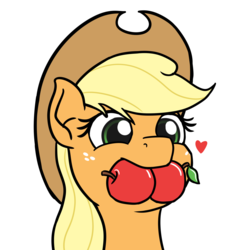 Size: 1280x1280 | Tagged: safe, artist:mkogwheel, applejack, earth pony, pony, g4, apple, birthday gift, bust, cowboy hat, cute, female, floating heart, food, hat, heart, herbivore, jackabetes, mare, mouth hold, portrait, silly, silly pony, simple background, solo, that pony sure does love apples, white background, who's a silly pony
