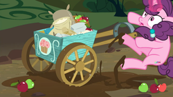 Size: 1600x900 | Tagged: safe, screencap, sugar belle, pony, unicorn, g4, the break up breakdown, apple, cart, female, food, glowing horn, horn, mare, mud, surprised