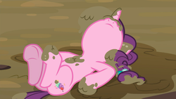 Size: 1600x900 | Tagged: safe, screencap, sugar belle, pony, g4, the break up breakdown, butt, female, hooves, messy, mud, muddy hooves, nose in the air, on back, plot, solo, underhoof