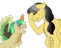 Size: 761x610 | Tagged: safe, artist:miamaha, daring do, oc, oc:venture gale, pegasus, pony, g4, colt, female, magical lesbian spawn, male, mare, mother and son, offspring, parent:daring do, parent:rainbow dash, parents:daringdash, simple background, tooth gap, wooden sword