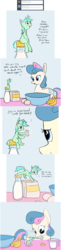 Size: 1516x6260 | Tagged: safe, artist:tiny-little-lyra, bon bon, lyra heartstrings, sweetie drops, earth pony, pony, unicorn, g4, ask, banana, bowl, comic, dialogue, egg (food), female, food, lesbian, looking at each other, mare, measuring cup, micro, milk, milk bottle, mouth hold, pouring, recipe, ship:lyrabon, shipping, sitting, size difference, smiling, tumblr