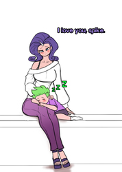 Size: 2073x2917 | Tagged: safe, artist:franschesco, rarity, spike, human, g4, breasts, busty rarity, female, head on lap, high res, horn, horned humanization, humanized, male, ship:sparity, shipping, sleeping, straight, zzz