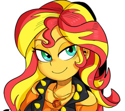 Size: 698x620 | Tagged: safe, artist:nekubi, sunset shimmer, equestria girls, g4, my little pony equestria girls: better together, bedroom eyes, clothes, cropped, female, geode of empathy, jewelry, looking at you, magical geodes, necklace, simple background, smiling, smirk, solo, white background