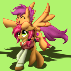 Size: 2700x2700 | Tagged: safe, artist:geraritydevillefort, babs seed, scootaloo, earth pony, pegasus, pony, the count of monte rainbow, g4, albert de morcef, clothes, crossover, eyes closed, female, filly, franz d'epinay, high res, musical, open mouth, scootabert, smiling, the cmc's cutie marks, the count of monte cristo