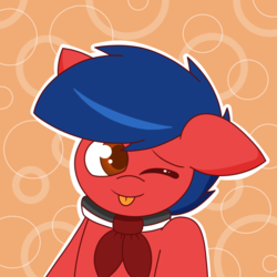 Size: 1066x1066 | Tagged: safe, artist:thebadbadger, oc, oc only, oc:phire demon, bowtie, bust, cute, ears, floppy ears, ocbetes, one eye closed, simple background, tongue out, wink