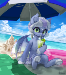 Size: 2000x2276 | Tagged: safe, artist:graypillow, oc, oc only, oc:dream scape, bat pony, pony, bat pony oc, beach, beach umbrella, cloud, colored hooves, commission, cutie mark, drink, drinking, female, frog (hoof), high res, lime, looking at you, mare, ocean, sand, sandcastle, sky, straw, umbrella, underhoof, ych result