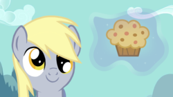 Size: 1024x576 | Tagged: safe, artist:pizzamovies, derpibooru exclusive, derpy hooves, pegasus, pony, g4, bust, c:, eyes on the prize, female, food, happy, levitation, looking up, magic, mare, muffin, portrait, sky, smiling, solo, telekinesis, vector