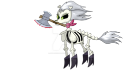 Size: 1024x576 | Tagged: safe, artist:susanzx2000, skellinore, skeleton pony, g4, the break up breakdown, axe, bandana, blood, bone, boots, frown, glare, glowing eyes, mouth hold, shoes, simple background, skeleton, solo, transparent background, watermark, weapon
