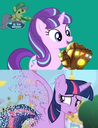 Size: 1136x1478 | Tagged: safe, artist:ponylover88, starlight glimmer, twilight sparkle, alicorn, pony, unicorn, g4, my little pony: friendship is magic, season 5, the cutie map, abuse, avengers: infinity war, disintegration, duo, duo female, exploitable meme, female, glimmerposting, gulaged, i don't feel so good, imminent death, infinity gauntlet, meme, spoilers for another series, this will end in communism, twilight sparkle (alicorn), twilybuse, xk-class end-of-the-world scenario