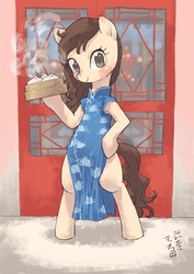 Size: 2480x3508 | Tagged: safe, artist:yanamosuda, oc, oc only, earth pony, pony, bipedal, cheongsam, clothes, doorway, dress, dumplings, female, food, high res, looking at you, mare, side slit, solo, total sideslit