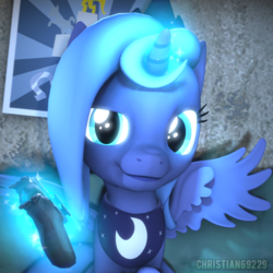 Size: 1024x1024 | Tagged: safe, artist:christian69229, princess luna, alicorn, pony, gamer luna, g4, 3d, bust, controller, couch, female, filly, filly luna, looking at you, portrait, poster, solo, source filmmaker, woona, younger