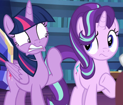 Size: 1154x983 | Tagged: safe, screencap, starlight glimmer, twilight sparkle, alicorn, pony, unicorn, g4, it isn't the mane thing about you, cropped, female, hoof gesture, mare, twilight sparkle (alicorn)