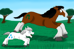 Size: 3000x2000 | Tagged: safe, artist:horsesplease, double diamond, trouble shoes, clydesdale, horse, pony, shetland pony, g4, angry, annoyed, blaze (coat marking), coat markings, double trouble duo, excited, facial markings, galloping, grass, happy, high res, horses doing horse things, paint tool sai, racing, running, socks (coat markings), tree
