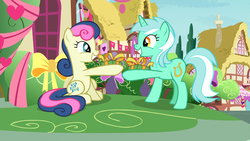 Size: 1920x1080 | Tagged: safe, screencap, bon bon, lyra heartstrings, sweetie drops, earth pony, pony, unicorn, g4, the break up breakdown, best friends, discovery family logo, duo, female, mare, present