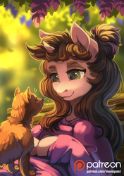 Size: 1110x1575 | Tagged: safe, artist:spirit-alu, oc, oc only, cat, pony, beautiful, clothes, dress, leaves, looking at each other, manequest, patreon, patreon logo, smiling, solo