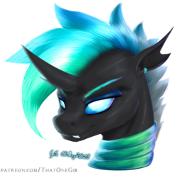 Size: 900x879 | Tagged: safe, artist:thatonegib, oc, oc only, oc:lingwave, changeling, bust, changeling oc, ear piercing, earring, eyelashes, eyeshadow, jewelry, looking at you, makeup, multicolored hair, neck rings, paint tool sai, paint tool sai 2, patreon link, piercing, portrait, signature, simple background, smiling, solo, teeth, transparent background