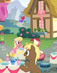 Size: 353x448 | Tagged: safe, screencap, coco crusoe, goldengrape, lily, lily valley, roseluck, sir colton vines iii, earth pony, pony, g4, the break up breakdown, background pony, cropped, female, lesbian, male, mare, open mouth, roselily, shipping, smiling, stallion