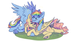 Size: 1920x1080 | Tagged: safe, artist:ebonytails, fluttershy, rainbow dash, pegasus, pony, g4, cuddling, eyes closed, female, lesbian, lying down, mare, ship:flutterdash, shipping, simple background, smiling, spread wings, transparent background, underhoof, wings