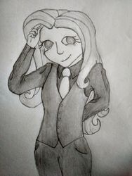 Size: 3120x4160 | Tagged: safe, artist:jesterofdestiny, fluttershy, human, g4, black and white, clothes, dress shirt, female, grayscale, humanized, looking at you, monochrome, necktie, smiling, solo, traditional art, vest, waistcoat