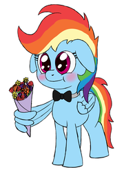Size: 1252x1735 | Tagged: safe, artist:zaponator, rainbow dash, pony, g4, blushing, bouquet, bowtie, cute, dashabetes, female, floppy ears, mare, smiling, solo, wing hold