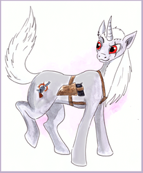 Size: 600x723 | Tagged: safe, artist:veda, oc, oc only, pony, unicorn, furryguys, gun, ponified, scar, simple background, solo, traditional art, watercolor painting, weapon