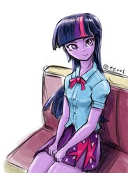 Size: 1500x2039 | Tagged: safe, artist:oberon826, twilight sparkle, equestria girls, g4, clothes, cute, cutie mark on clothes, female, looking at you, pleated skirt, skirt, solo