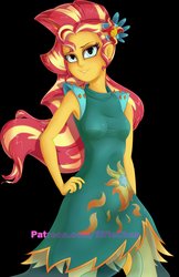 Size: 2651x4096 | Tagged: safe, artist:katakiuchi4u, sunset shimmer, equestria girls, g4, my little pony equestria girls: legend of everfree, armpits, black background, clothes, crystal gala, crystal gala dress, dress, female, freckles, hand on hip, looking at you, peppered bacon, simple background, solo
