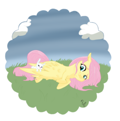 Size: 1984x2000 | Tagged: safe, artist:poowndraww, angel bunny, fluttershy, pegasus, pony, rabbit, g4, duo, female, grass, lying down, on side, outdoors, simple background, transparent background, wings