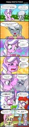 Size: 800x3460 | Tagged: safe, artist:uotapo, diamond tiara, fluttershy, ocellus, silver spoon, silverstream, twist, classical hippogriff, earth pony, hippogriff, pegasus, pony, g4, comic, female, filly, foal, fujoshi, fujoshy, glasses, hearts and hooves day, implied gallus, implied lesbian, japanese, kneeling, lesbian, mare, otakushy, present, seiza, ship:silvertiara, shipper on deck, shipping, translated in the comments