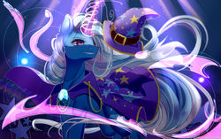 Size: 1773x1114 | Tagged: safe, artist:clefficia, artist:togeticisa, trixie, pony, unicorn, g4, cape, clothes, collaboration, female, hat, magic, solo, trixie's cape, trixie's hat