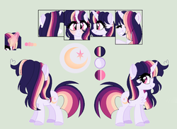 Size: 942x690 | Tagged: dead source, safe, artist:moon-rose-rosie, oc, oc only, oc:celestial moon, pony, unicorn, female, magical lesbian spawn, mare, offspring, parent:rainbow dash, parent:twilight sparkle, parents:twidash, reference sheet, solo