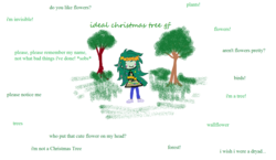 Size: 1518x880 | Tagged: safe, artist:horsesplease, wallflower blush, dryad, equestria girls, g4, 1000 hours in ms paint, behaving like a tree, blushing, christmas, christmas decoration, christmas tree, erysimum cheiri, floral head wreath, flower, holiday, ideal gf, invisible (song), meme, pun, smiling, tree, wallflower and plants, wallflower is a plant
