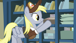 Size: 1920x1080 | Tagged: safe, screencap, derpy hooves, pegasus, pony, g4, the break up breakdown, envelope, female, flying, hat, mailmare, mailmare hat, mare, package, post office, saddle bag, solo