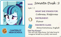 Size: 493x297 | Tagged: safe, artist:horsesplease, sonata dusk, equestria girls, g4, my little pony equestria girls: rainbow rocks, :3, blue, cute, eqg profiles, exploitable meme, female, food, happiness, happy, meme, nya, shy, smiling, solo, sonatabetes, sonataco, sonyata dusk, taco