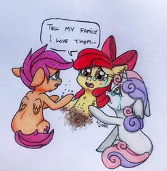 Size: 2298x2346 | Tagged: safe, artist:ameliacostanza, apple bloom, scootaloo, sweetie belle, earth pony, pegasus, pony, unicorn, g4, avengers, avengers: infinity war, crying, cutie mark crusaders, dialogue, disintegration, dying, ear fluff, female, filly, floppy ears, frown, gradient background, high res, holding hooves, i don't feel so good, imminent death, lidded eyes, marvel, marvel cinematic universe, nose wrinkle, on back, open mouth, reaching, sad, series finale, sitting, speech bubble, spoilers for another series, traditional art, wide eyes
