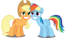 Size: 1250x742 | Tagged: safe, artist:spellboundcanvas, applejack, rainbow dash, earth pony, pegasus, pony, g4, non-compete clause, duo, female, mare, sheepish grin, simple background, transparent background, vector
