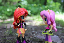 Size: 6000x4000 | Tagged: safe, artist:artofmagicpoland, fluttershy, sunset shimmer, equestria girls, g4, my little pony equestria girls: rainbow rocks, clothes, doll, equestria girls minis, female, irl, jacket, leather jacket, looking at each other, photo, pointing, toy