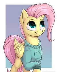 Size: 1392x1748 | Tagged: safe, artist:deltauraart, fluttershy, pegasus, pony, g4, bottomless, clothes, cute, female, gradient background, hoodie, mare, partial nudity, shyabetes, smiling, solo, sweater, sweatershy