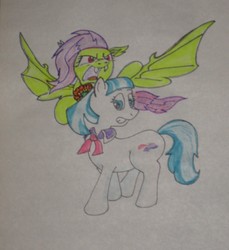 Size: 1805x1974 | Tagged: safe, artist:hillbe, coco pommel, fluttershy, bat pony, earth pony, pony, g4, duo, female, flutterbat, mare, race swap, traditional art